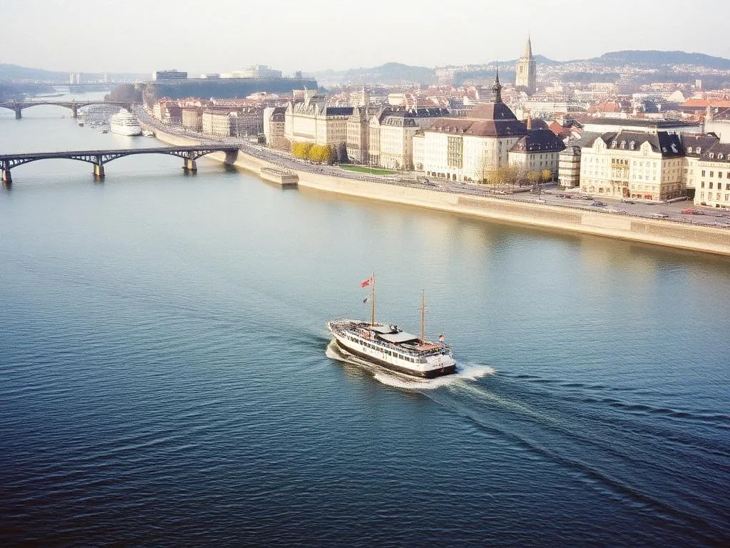 Rheinufer in Basel mit Fähre auf dem Wasser