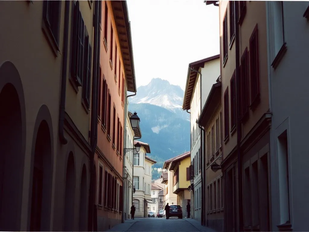 Altstadtgasse in Chur mit Berg am Ende der Gasse