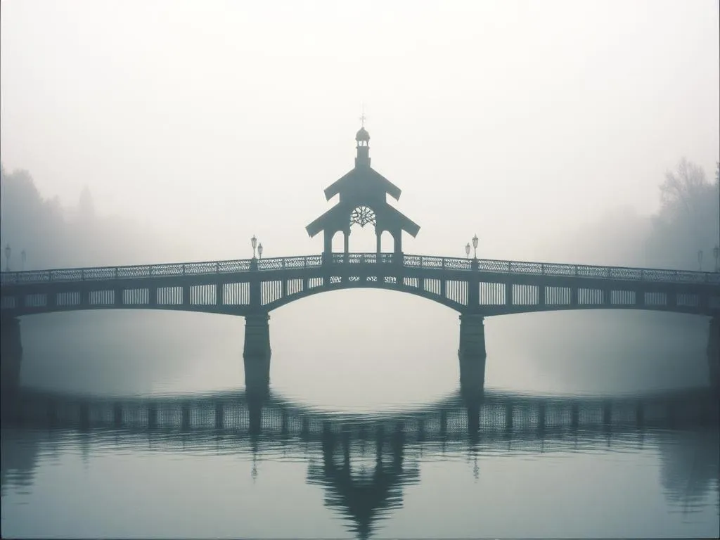 Kapellbrücke in Luzern als Silhouette im Morgennebel