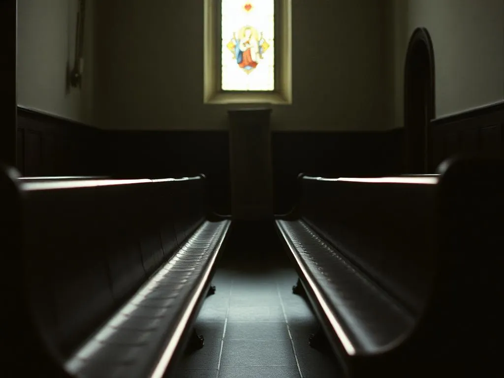 Leere Kirchenbank mit einem Streifen einfallenden Lichts