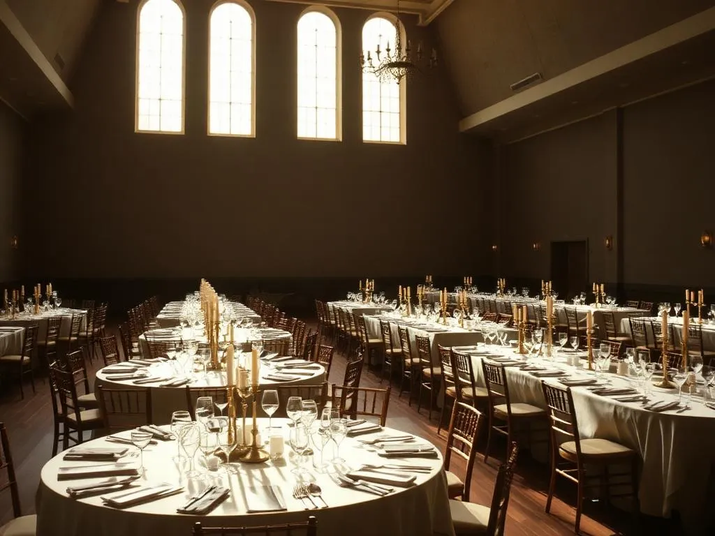 Leerer Festsaal mit gedeckten Tischen im Morgenlicht